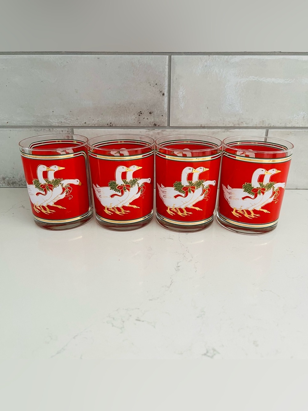 CULVER Vintage Christmas Holiday Geese Double Old Fashioned Set of 4 Glasses